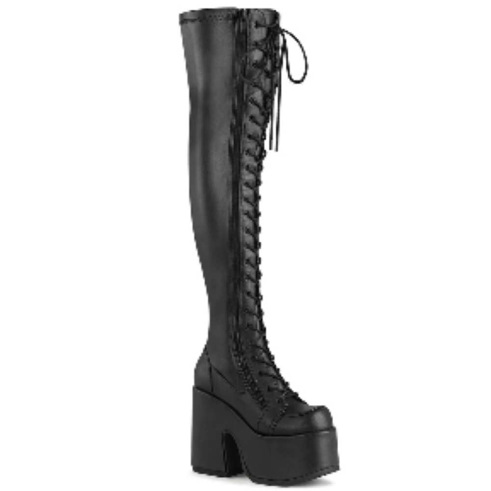 Demonia Size 10 Black Vegan Leather Over-the-Knee Black Lace-Up Platform Boots